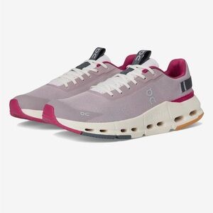 On Running Pink and White Athletic Shoes